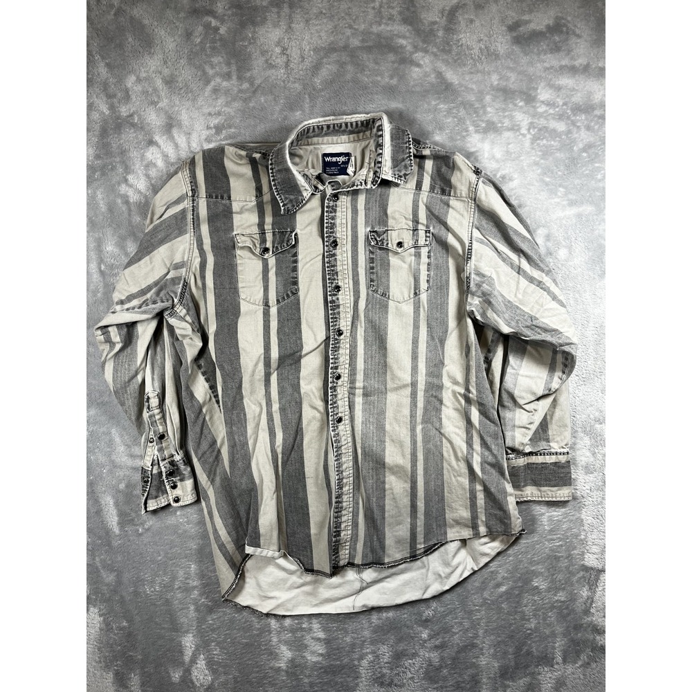 VTG Wrangler Striped Button Up Brushpopper Western Shirt S Tall 8 1/2-37 Gray
